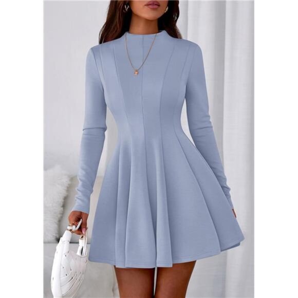 Women Elegant Swing A Line Ruffle Dress Blue - Picture 6 of 6